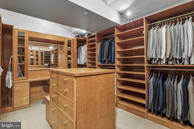 walk in closet with light carpet