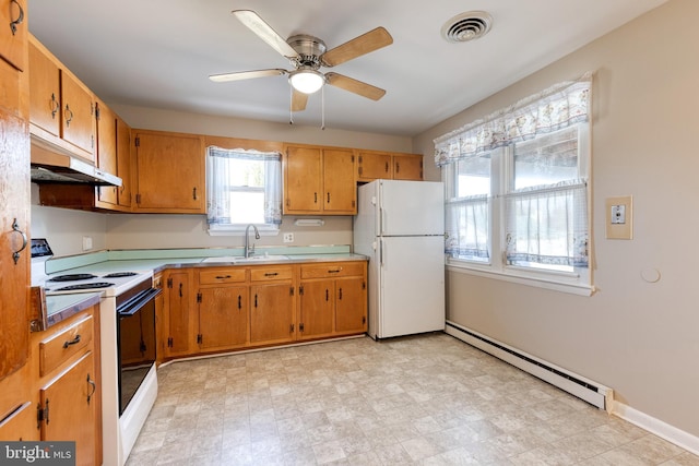 kitchen with ceiling fan, sink, white appliances, and a baseboard heating unit