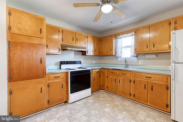 kitchen with ceiling fan, white appliances, and sink