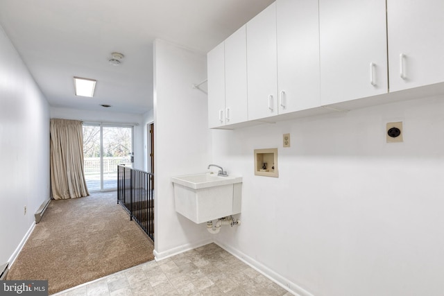 laundry area featuring sink, cabinets, electric dryer hookup, hookup for a washing machine, and light carpet