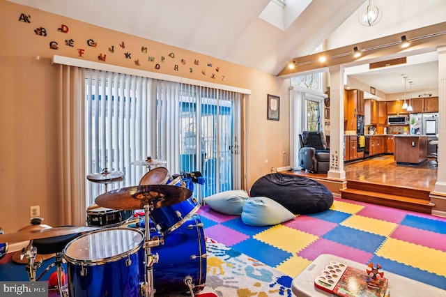 rec room with wood-type flooring and lofted ceiling