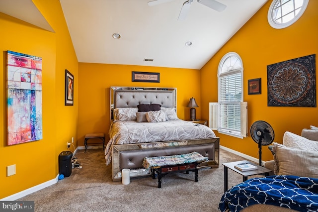 carpeted bedroom with ceiling fan and lofted ceiling