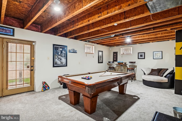 playroom with light carpet and billiards