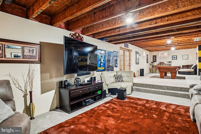 living room with carpet flooring and billiards