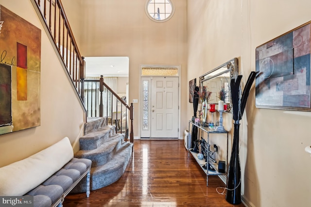 entryway featuring a towering ceiling and dark hardwood / wood-style flooring