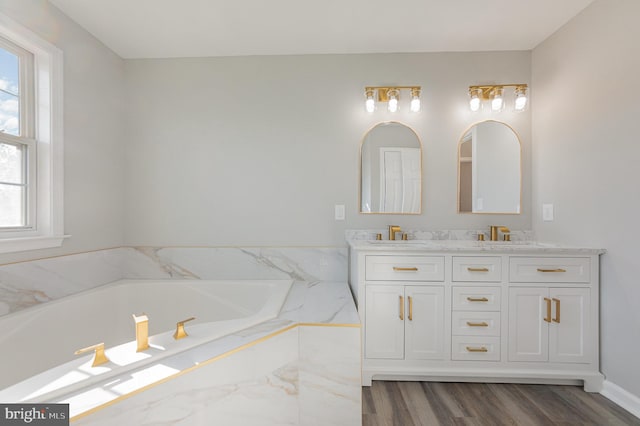 bathroom featuring a bathing tub, vanity, and hardwood / wood-style flooring