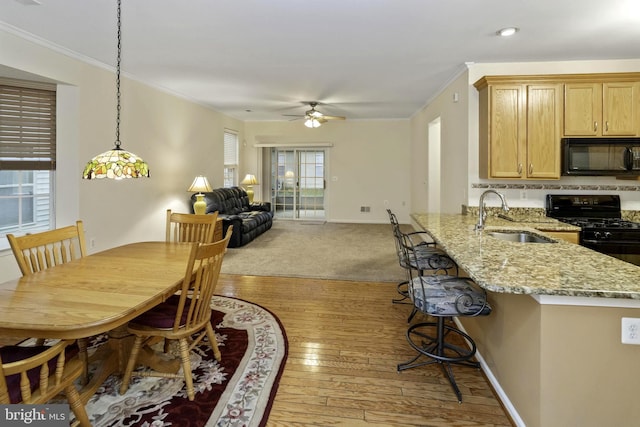 dining space featuring ceiling fan, sink, light hardwood / wood-style floors, and plenty of natural light