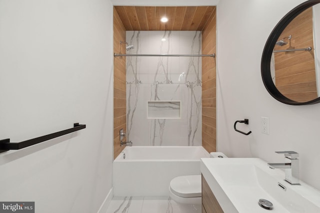 full bathroom with toilet, vanity, wood ceiling, and tiled shower / bath