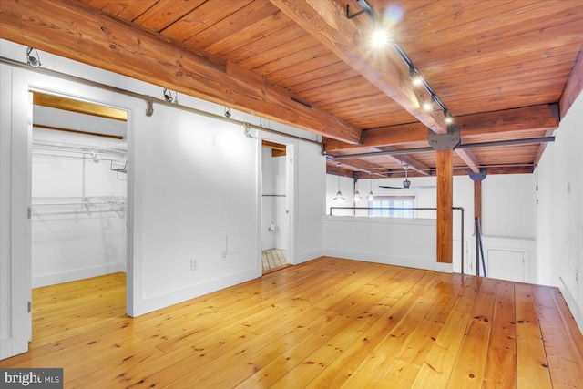 interior space featuring light wood-type flooring, wood ceiling, track lighting, and beamed ceiling