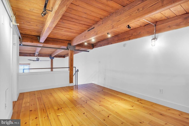 interior space with ceiling fan, rail lighting, wood ceiling, and hardwood / wood-style flooring