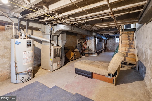 basement with heating unit and water heater