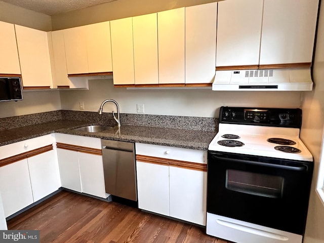 kitchen with sink, white cabinetry, range hood, range with electric cooktop, and stainless steel dishwasher