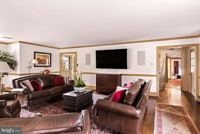 living room featuring ornamental molding, a baseboard radiator, plenty of natural light, and dark wood-type flooring