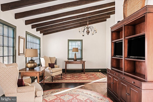 sitting room with vaulted ceiling with beams, a chandelier, and wood-type flooring