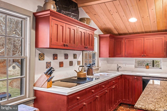 kitchen with black appliances, vaulted ceiling with beams, plenty of natural light, and sink