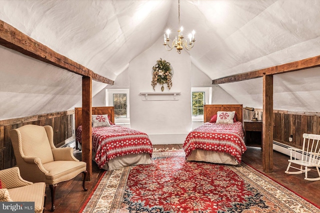 bedroom with lofted ceiling with beams, hardwood / wood-style flooring, a baseboard radiator, and an inviting chandelier