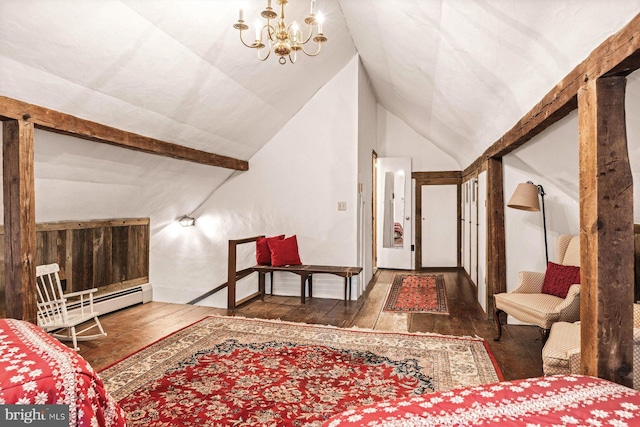 interior space featuring a notable chandelier, lofted ceiling with beams, wood-type flooring, and baseboard heating