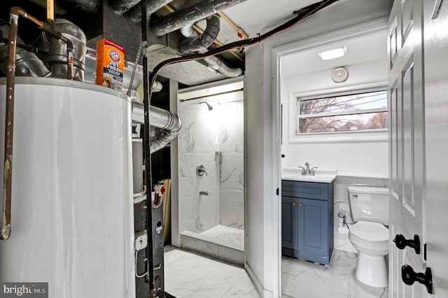 bathroom with a shower, vanity, toilet, and water heater