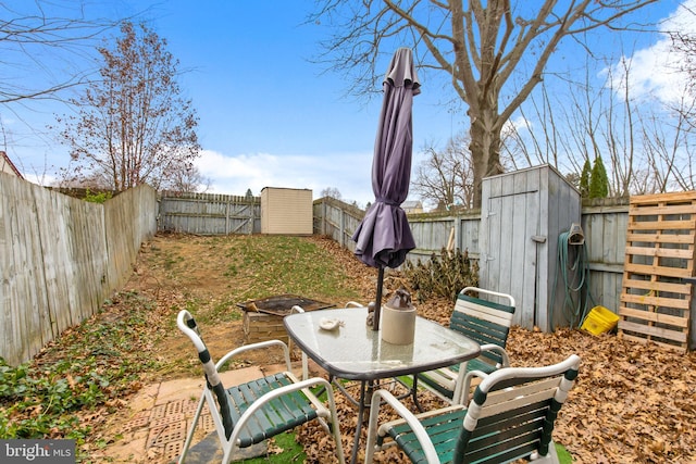 view of yard featuring a storage unit