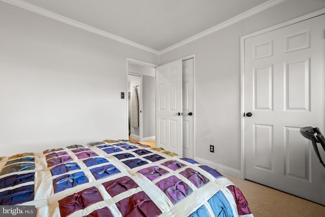 carpeted bedroom featuring crown molding