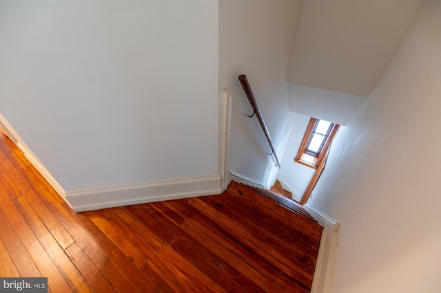 stairway with hardwood / wood-style flooring