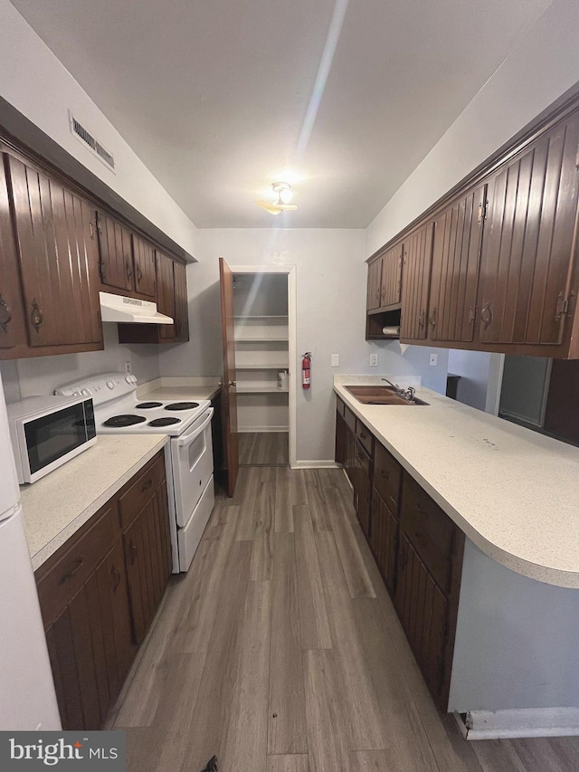 kitchen featuring dark brown cabinetry, hardwood / wood-style floors, white appliances, and sink