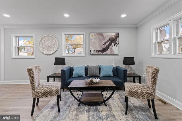 living room featuring ornamental molding, a wealth of natural light, and light hardwood / wood-style flooring