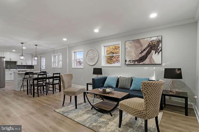 living room featuring light hardwood / wood-style flooring and ornamental molding