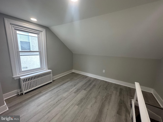 additional living space featuring radiator heating unit, hardwood / wood-style floors, and lofted ceiling