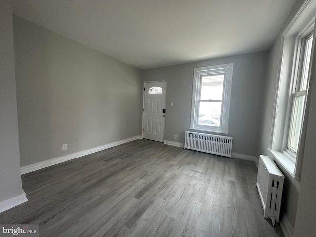 foyer entrance featuring dark hardwood / wood-style flooring and radiator