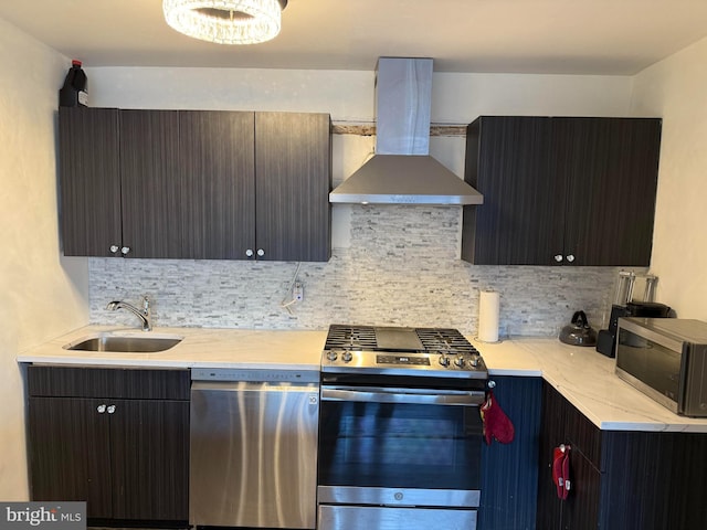 kitchen with backsplash, sink, wall chimney range hood, and appliances with stainless steel finishes