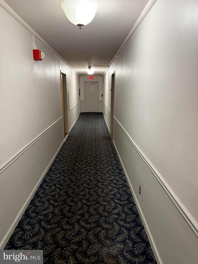 corridor with carpet and crown molding