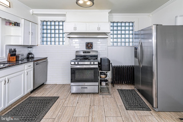 kitchen featuring stainless steel appliances, crown molding, dark stone countertops, radiator heating unit, and white cabinetry