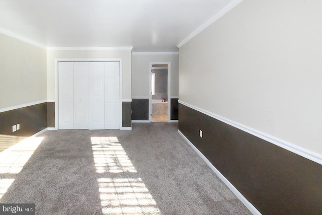 unfurnished bedroom featuring carpet floors, a closet, and ornamental molding