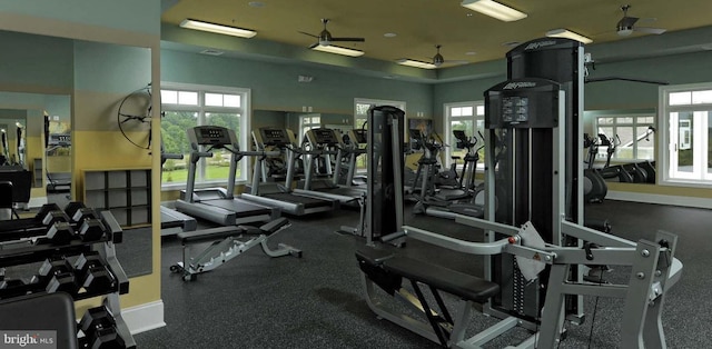 exercise room with ceiling fan