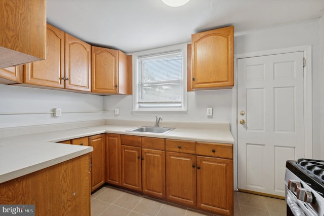 kitchen with stainless steel range, light tile patterned floors, and sink