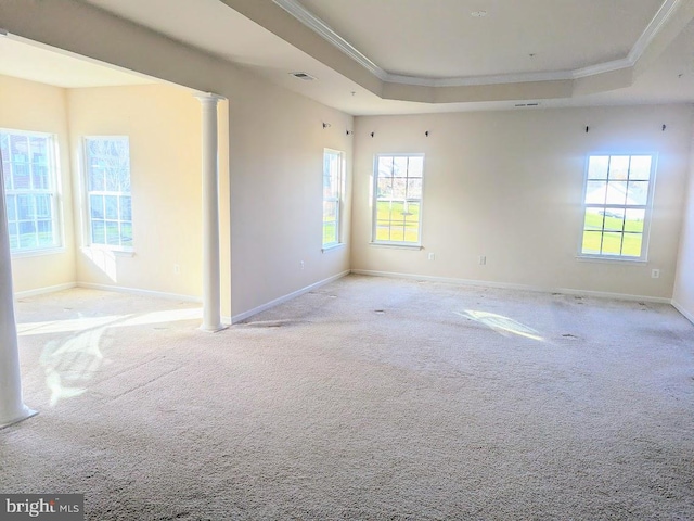 spare room with light colored carpet, a raised ceiling, decorative columns, and crown molding