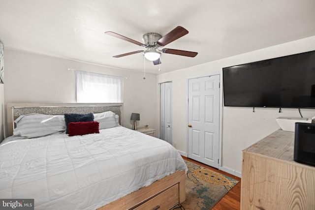 bedroom with hardwood / wood-style floors, ceiling fan, and multiple closets