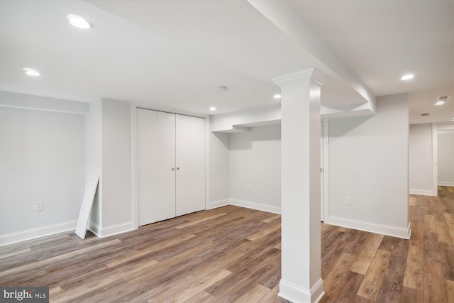 basement with light wood-type flooring