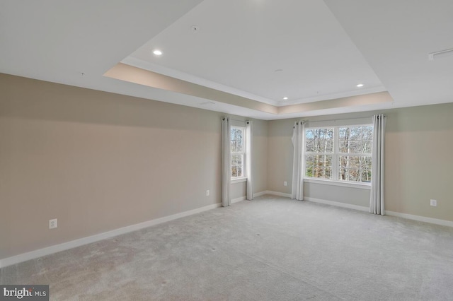 carpeted empty room featuring a tray ceiling