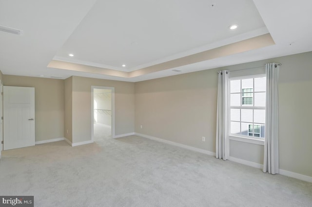 unfurnished room with a raised ceiling and light carpet