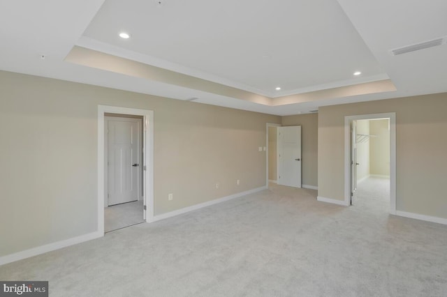 spare room with light carpet and a tray ceiling