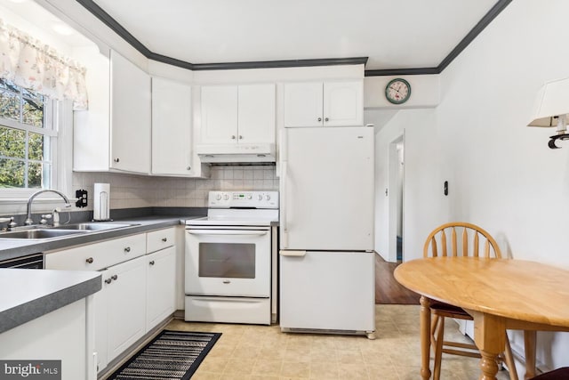 kitchen featuring decorative backsplash, white appliances, crown molding, sink, and white cabinets