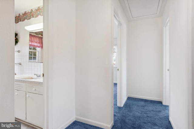 hall with sink and carpet floors