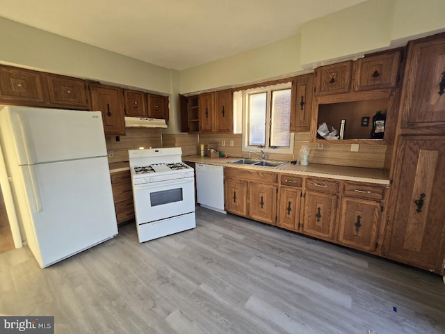 kitchen with tasteful backsplash, sink, light hardwood / wood-style floors, and white appliances