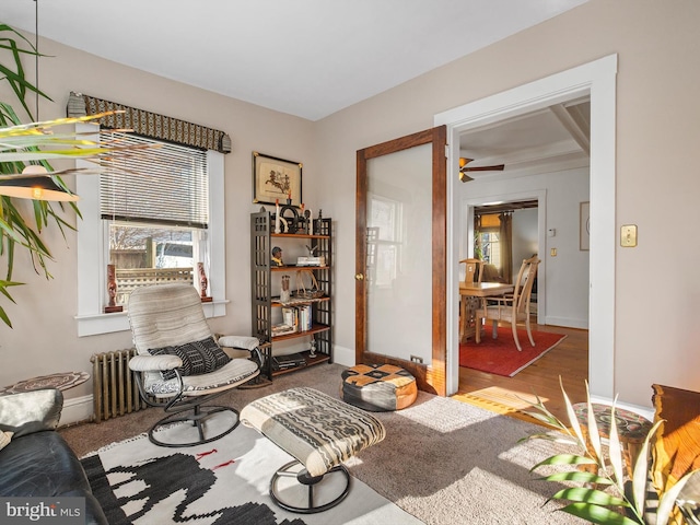 sitting room featuring hardwood / wood-style floors, ceiling fan, and radiator heating unit