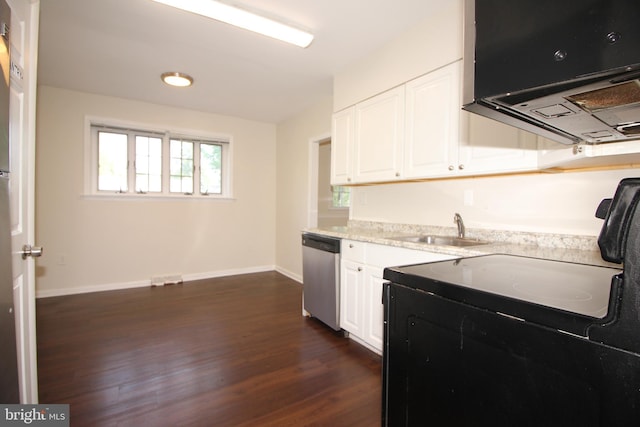 kitchen with dishwasher, dark hardwood / wood-style flooring, white cabinets, and sink