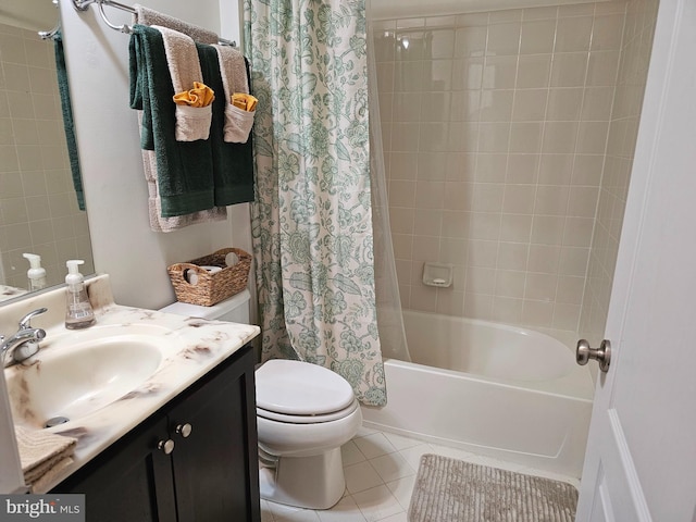 full bathroom with vanity, shower / bath combo, tile patterned flooring, and toilet