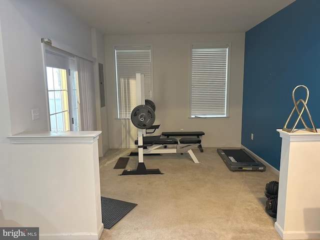 exercise room featuring carpet flooring and electric panel