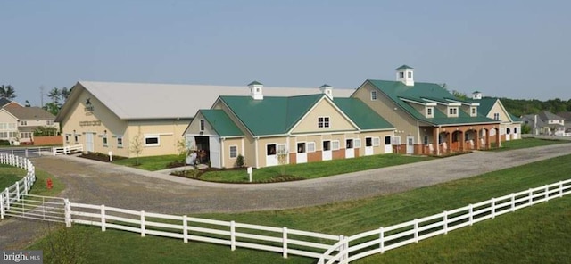 view of front of property featuring a residential view, fence, and a front lawn